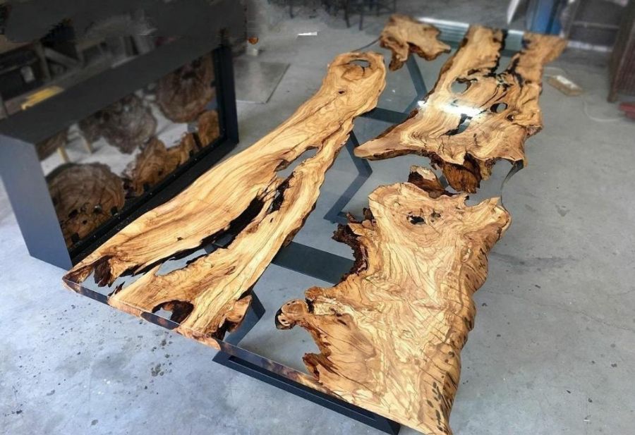 Live-edge river table in the shop